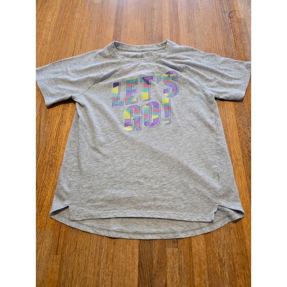 Athletic Works Girls L‎ (10/12) Gray 'Let's Go!' Glitter Colorful Graphic Shirt